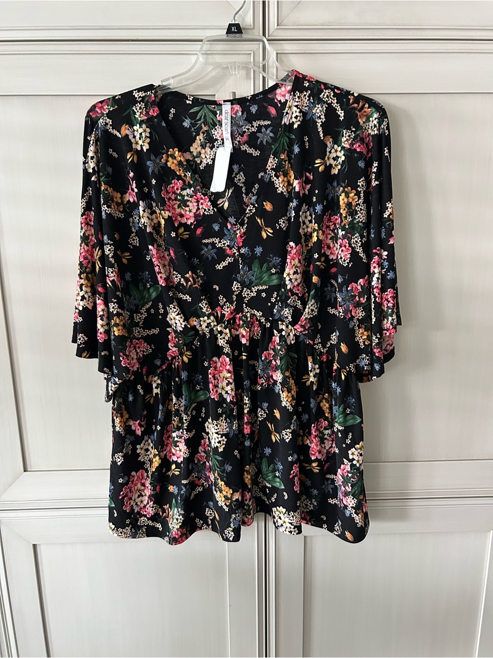 Floral V-Neck Peplum Blouse in Black with Pink & Green Accents